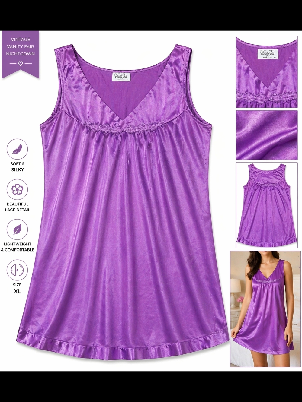 Vintage Vanity Fair Purple Satin Nightgown XL Silky Lace Trim Slip Dress